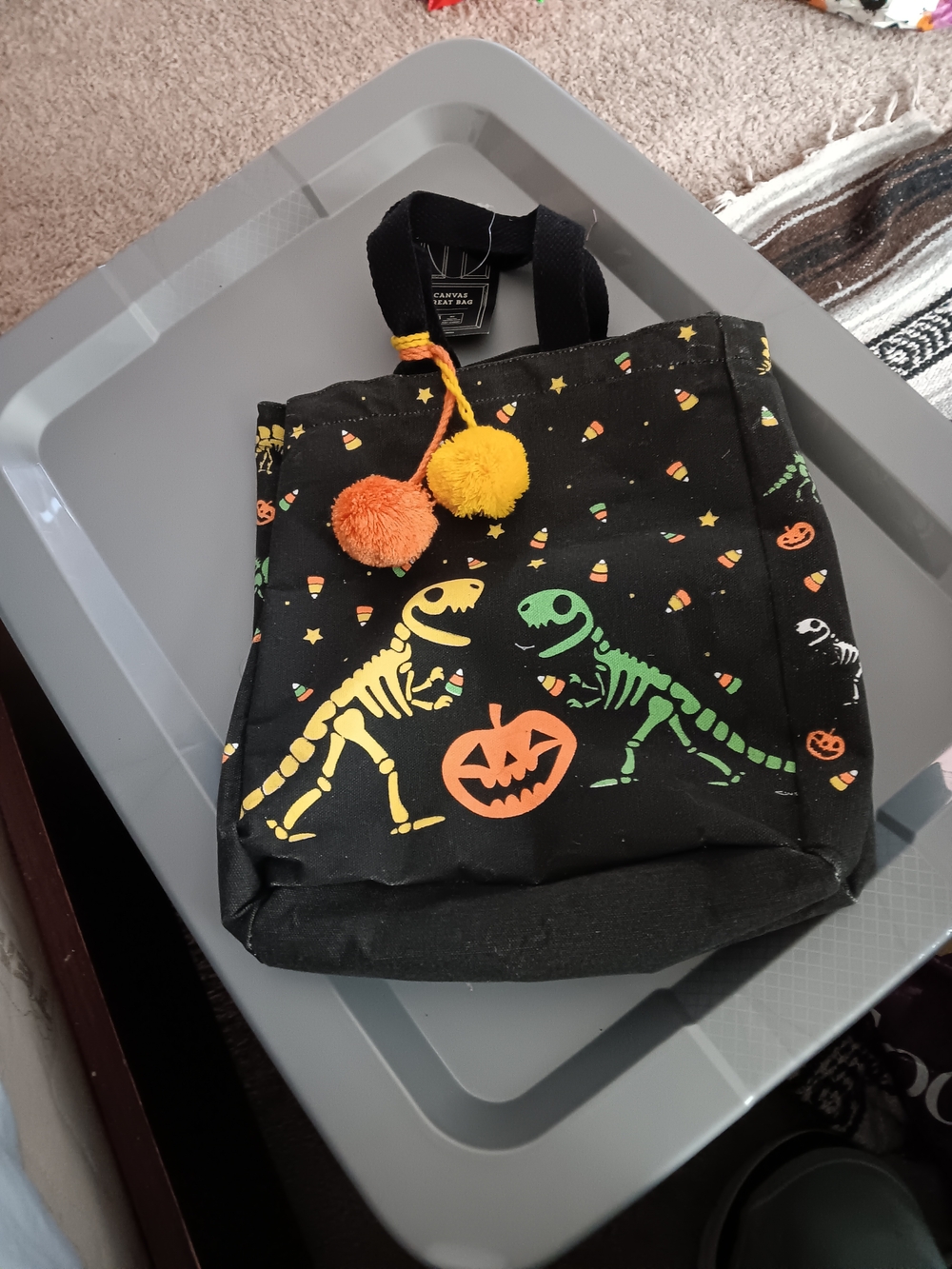 Unk Black Halloween Kids Tote Bag with Orange and Yellow Pom-Poms